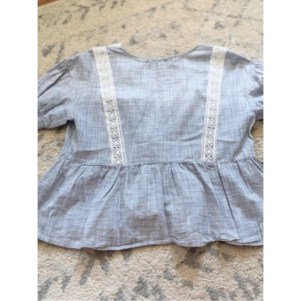 Zara Light Blue V-Neck Lace-Trim Peplum Blouse